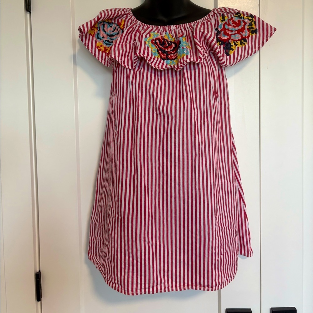 Label Love Off the Shoulder Red Striped Dress w Floral Cross-Stitch Embroidery